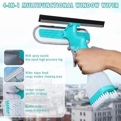 4 in 1 Window Cleaning Scraper, Squeegee and Scrubber with Spray